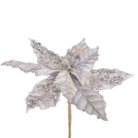 Sequined Poinsettia Silver - Themed Rentals - sequined glittered poinsettias artificial